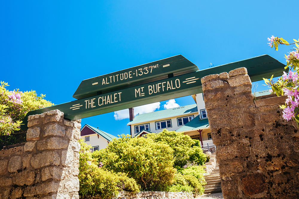 A view of the entrance sign as Mount Buffalo Chalet reopens.